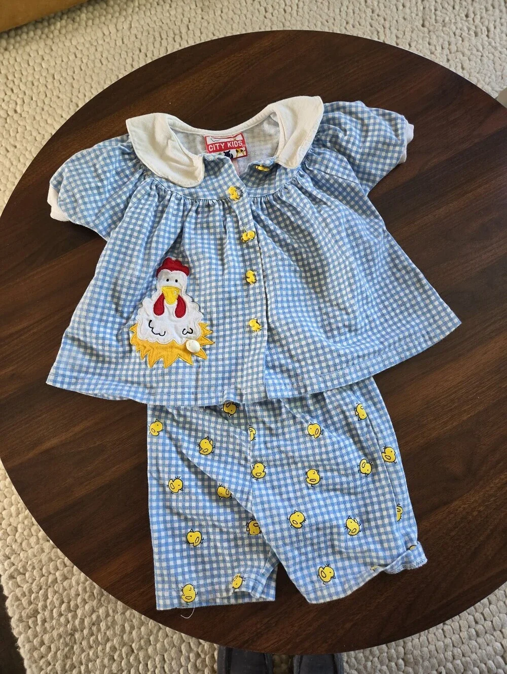 Vintage City Kids Blue Gingham Chicken & Duckling Outfit Set 2PC Top Shorts 24M